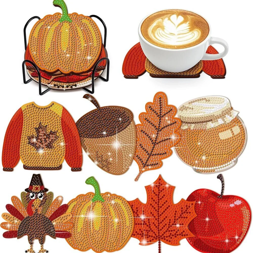 8 PCS Fall Diamond Art Coasters Thanksgiving Painting Kits with Holder Pumpkin M